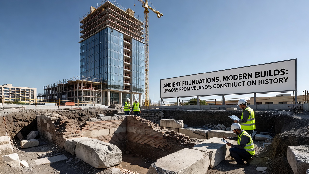 Modern construction site in Velano blending restored historic walls with new steel frameworks